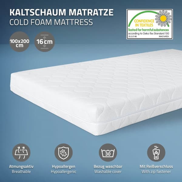 ML-Design Madrass 100 x 200 x 16 cm; Ortopedisk 7-zons kallskumsmadrass; Öko-Tex-certifierad; Hårdhetsgrad H4 extra fast; andningsbar &