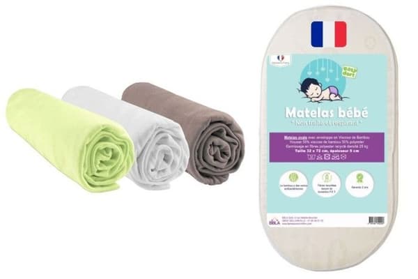 PRAKTISKT BABYKIT Madrass 32x72 Bassinet Babyvagga + 3 Bambu Lakan Bassinet | Oeko-Tex | Tillverkar Frankrike EU