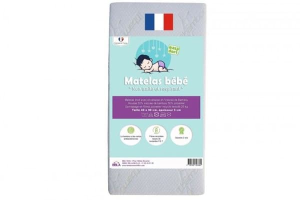 PRAKTISKT BABYKIT 40x90 Madrass Bambu Baby Vaggvagga + 2 Ekologiska bomullsdynor | GOTS-certifierad | Tillverkar Frankrike EU