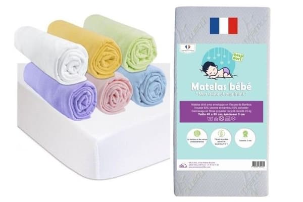 Praktiskt babysängsats - EASY DORT - 40x80 bambumadrass + 6 bomullslakan + 2 bomullsmadrasser