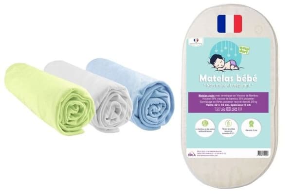 PRAKTISKT BABYKIT 32x72 Madrass Baby Bassinet Bassinet + 3 Bamboo Fitting Lakan Pojke Bassinet | Oeko-Tex | Tillverkad i Frankrike EU
