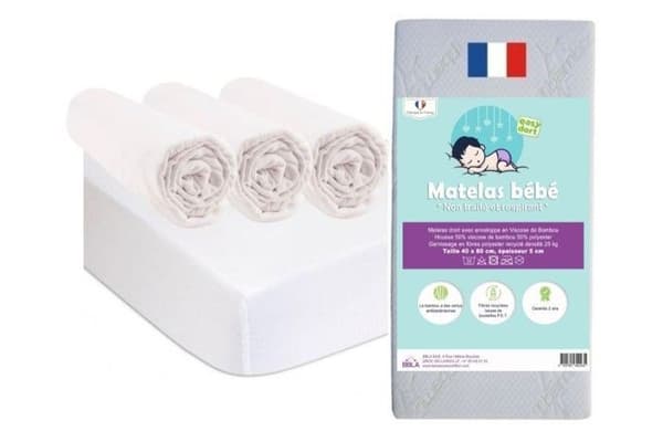 PRAKTISKT BABYKIT Madrass 40x80 Cradle Bassinet Bambu + 3 ekologiska påsar + 2 ekologiska bäddmadrasser | GOTS-certifierad | Tillverkar Frankrike EU