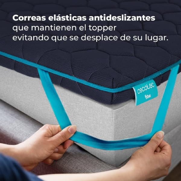 Cecotec 7 cm high 100% viscoelastic Flow TopSerenity padded mattress topper with four non-slip elastic straps for better support and removable zipped