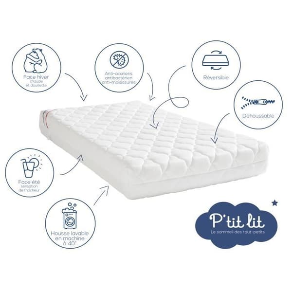 Perfekt babymadrass - 60x120x10 cm - 2 sidor: Sommar / vinter - Avtagbart överdrag - Anti-kvalster