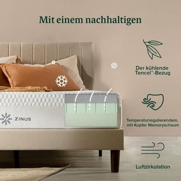 Zinus Bliss Minnesskumsmadrass 7 Zoner 90 x 200 cm Höjd 25 cm Hårdhet H3-H4 Certifierad Oeko-Tex