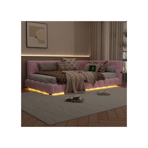 Säng i dagsljus, 90*200 cm (utan madrass), stämningsbelysning 16 färger, USB-gränssnitt, konstull, rosa