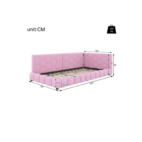 Säng i dagsljus, 90*200 cm (utan madrass), stämningsbelysning 16 färger, USB-gränssnitt, konstull, rosa