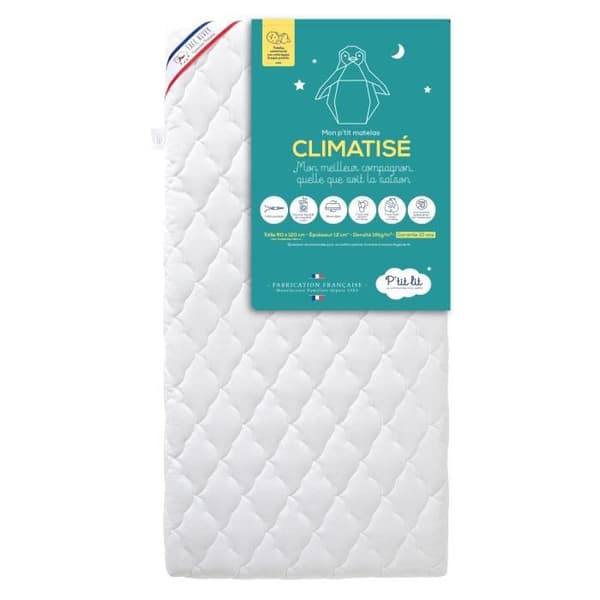 P'tit Lit - Luftkonditionerad babymadrass - 60x120 cm - 1 sval sommarsida / 1 vadderad vintersida - Antikvalster - Avtagbart överdrag - Oeko