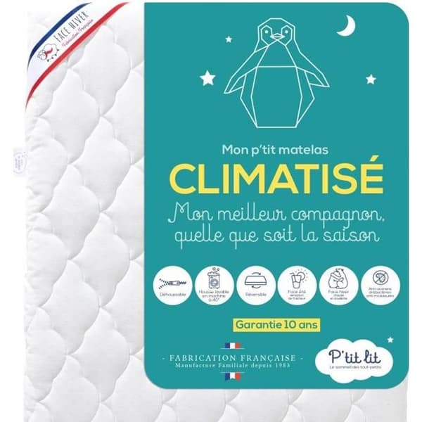P'tit Lit - Luftkonditionerad babymadrass - 60x120 cm - 1 sval sommarsida / 1 vadderad vintersida - Antikvalster - Avtagbart överdrag - Oeko