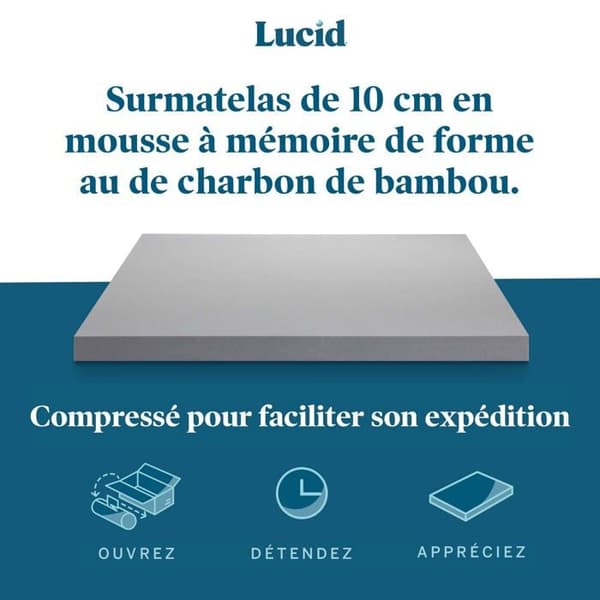 Lucid - LU10141930BT-EU - 10 cm Memory Foam Övermadrass med Bambu Charcoal - Övermadrass 140 x 190 cm