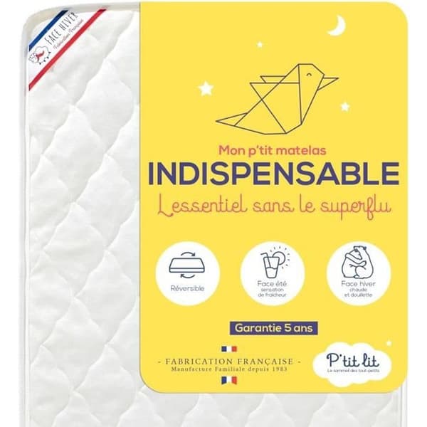 P'tit Lit - Essential Babymadrass - 60x120 cm - Luftkonditionerad: 1 sida Sommar / 1 sida Vinter - Oeko Tex® - Fransk tillverkning -