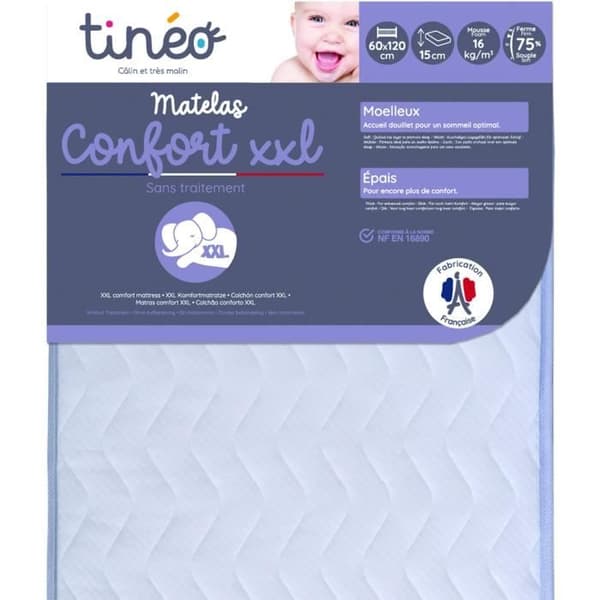 Madrass Baby Comfort XXL TINEO 60x120x15cm - Utan Behandling - Tillverkad i Frankrike - 2 Års Garanti