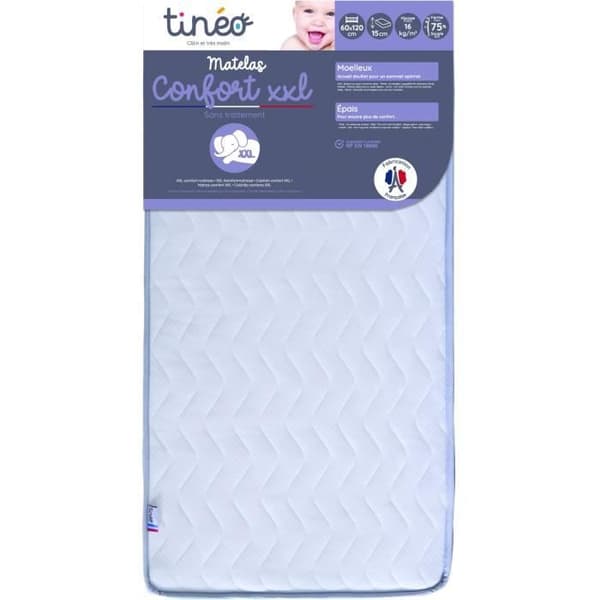 Madrass Baby Comfort XXL TINEO 60x120x15cm - Utan Behandling - Tillverkad i Frankrike - 2 Års Garanti
