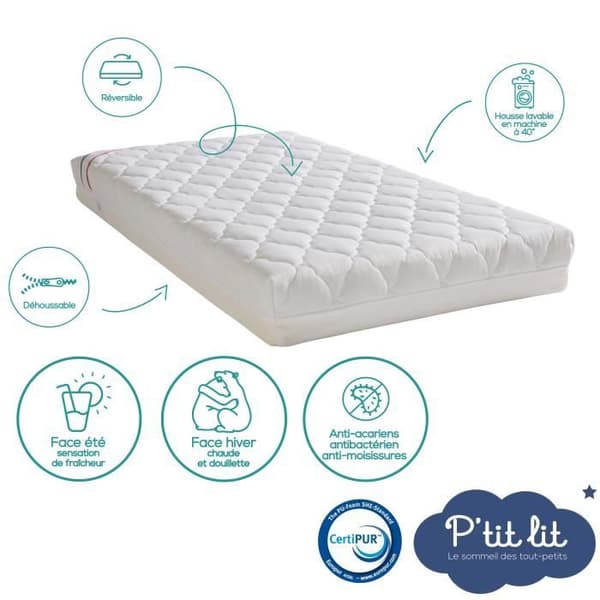 Luftkonditionerad babymadrass - 60x120x10 cm - Vändbar - Avtagbart överdrag - Anti-kvalster - Tillverkad i Frankrike