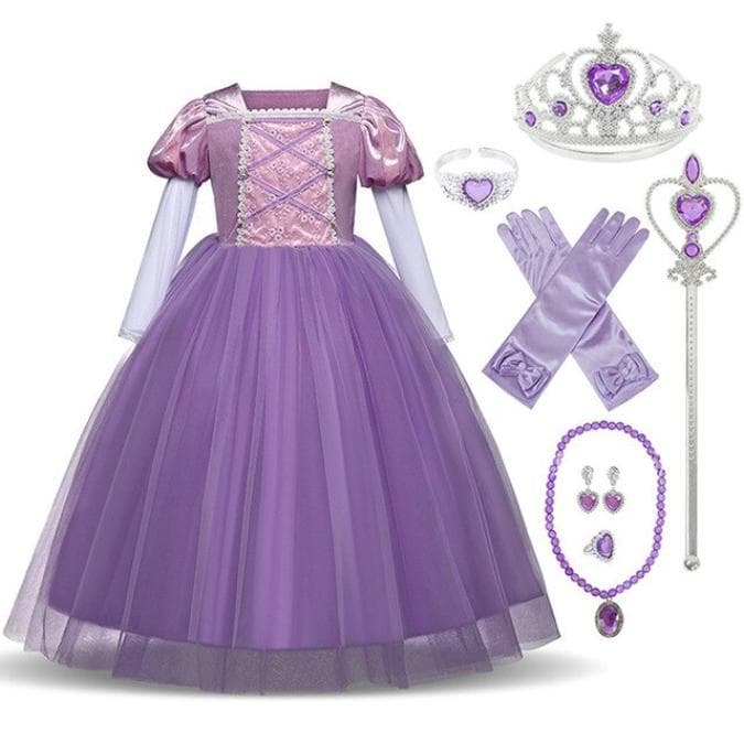 Prinsess Rapunzel klänning Tangled kostym + 7 extra tillbehör