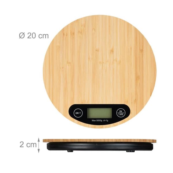Relaxdays balanserande kök i bambu, LCD-skärm, tare-funktion, stödjer upp till 5 kg, rund, Ø 20 cm, natur