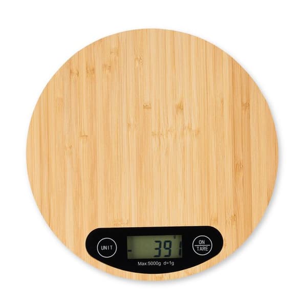 Relaxdays balanserande kök i bambu, LCD-skärm, tare-funktion, stödjer upp till 5 kg, rund, Ø 20 cm, natur