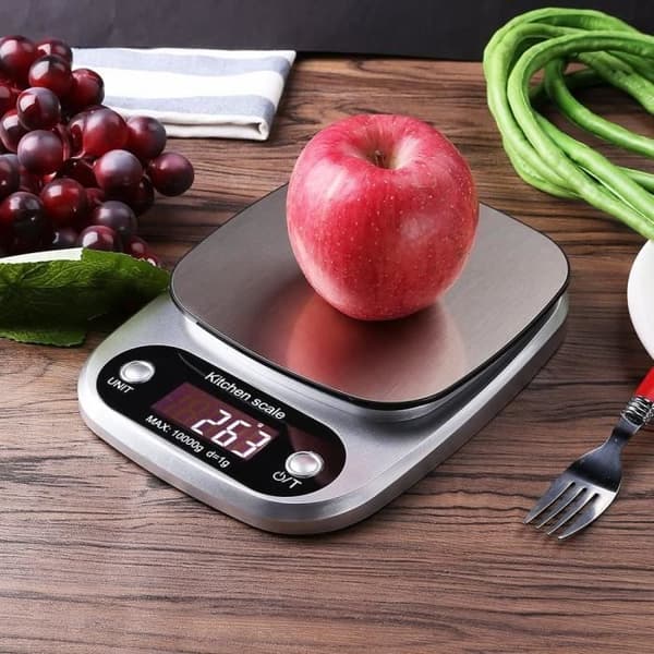 Digital köksvåg 10kg/1g - Rostfritt stål - LCD-skärm med hög precision - 9 vågenheter (batteri ingår)