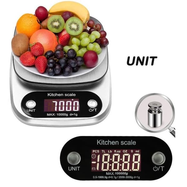Digital köksvåg 10kg/1g - Rostfritt stål - LCD-skärm med hög precision - 9 vågenheter (batteri ingår)
