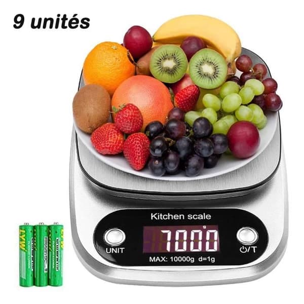 Digital köksvåg 10kg/1g - Rostfritt stål - LCD-skärm med hög precision - 9 vågenheter (batteri ingår)