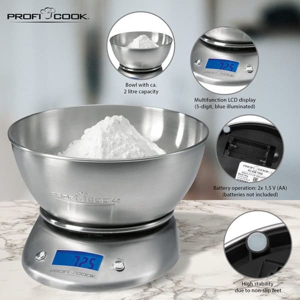 PROFICOOK PC-KW 1040 elektronisk köksvåg - Kapacitet 5 kg - LCD-skärm - Tarafunktion - Grå