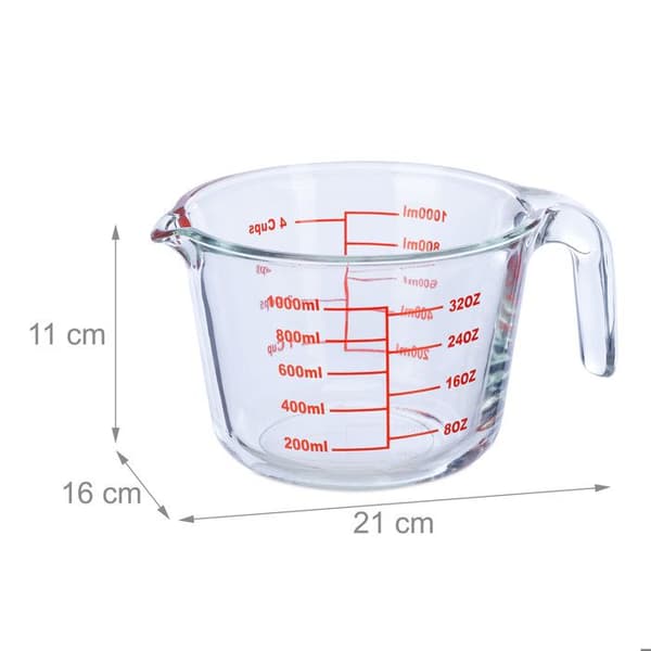 Relaxdays mätglas, 1 liter, värmebeständig, mikrovågssäker, graderad ml, oz, amerikanska koppar, transparent