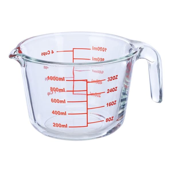 Relaxdays mätglas, 1 liter, värmebeständig, mikrovågssäker, graderad ml, oz, amerikanska koppar, transparent