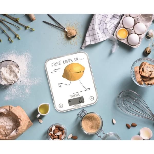 TEFAL BC5135V0 Optiss pressad som en citron, 5 kg/1g gradering, dekorerad glasplattform, vätskefunktion, tara