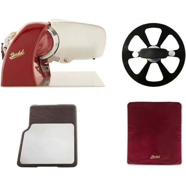 Berkel - Home Line 250 Röd + Lock för skärmaskin Röd storlek M + bladextraktor + rostfri skärbräda, trä