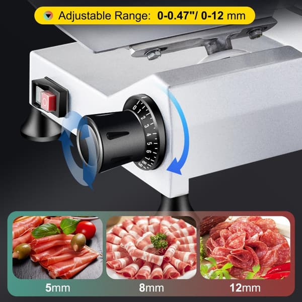 50st/min halvautomatisk elektrisk köttskärare med 250mm blad, justerbar tjocklek, pålitlig och säker, lätt att rengöra, bred applikation