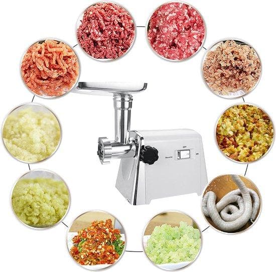 Elektrisk köttkvarn - 2800W - 3-i-1 - Kvarn i rostfritt stål - Korvtillverkare - Köttkvarn - Kötthastighet: 3-4 kg per minut - Silver