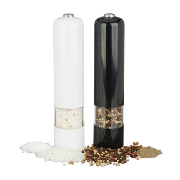 Relaxdays salt, peppar, kryddkvarn, keramisk kvarn, elektriskt set om 2 plast, batteridriven, svart/vit