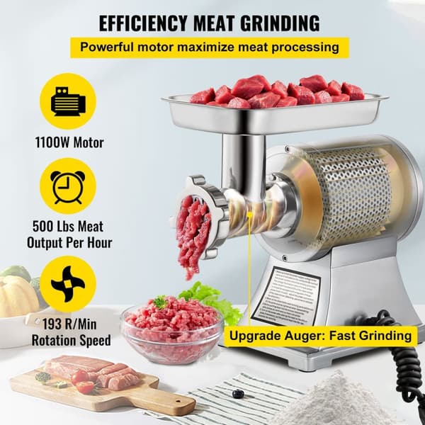 Kommersiell Köttkvarn - 1100W Motor, Kapacitet 250KG/Timme, 6mm & 8mm Plattor