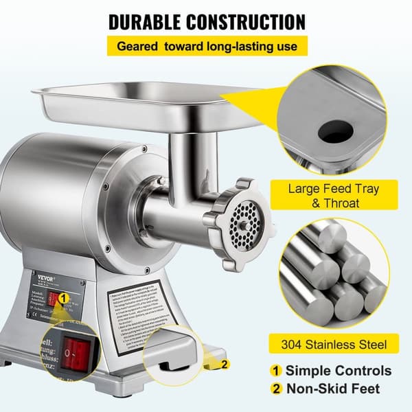 Kommersiell Köttkvarn - 1100W Motor, Kapacitet 250KG/Timme, 6mm & 8mm Plattor