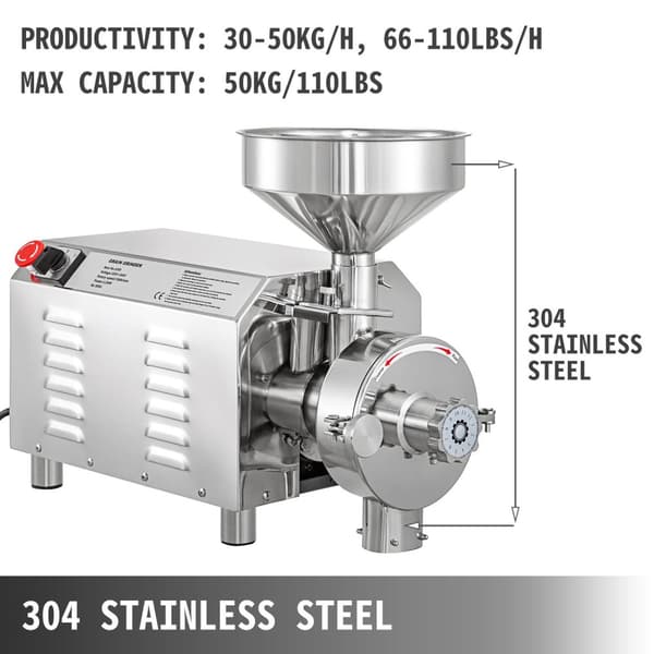 2200W 1500rpm 50kg kapacitet 30-50kg/H elektrisk spannmålskvarn med olika tillbehör, justerbar finhet, med överbelastningsskydd