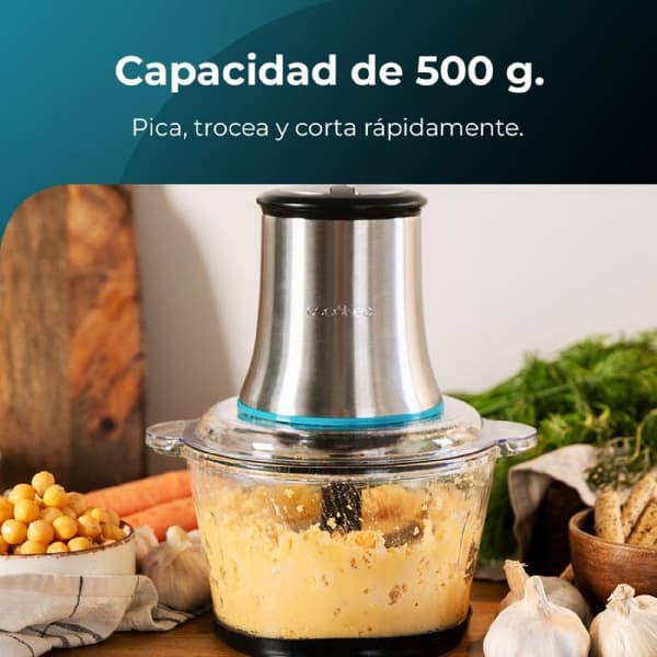 Cecotec 500-W 500-g capacity electric meat and vegetable food mincer with 4 blades.