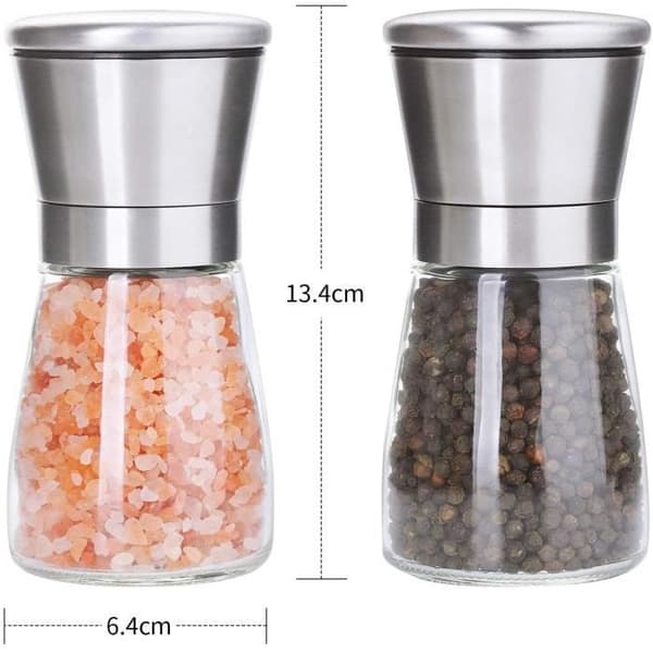 Peppar- och saltkvarn - Set med 2 manuella peppar- och saltkvarnar i rostfritt stål och stort glas
