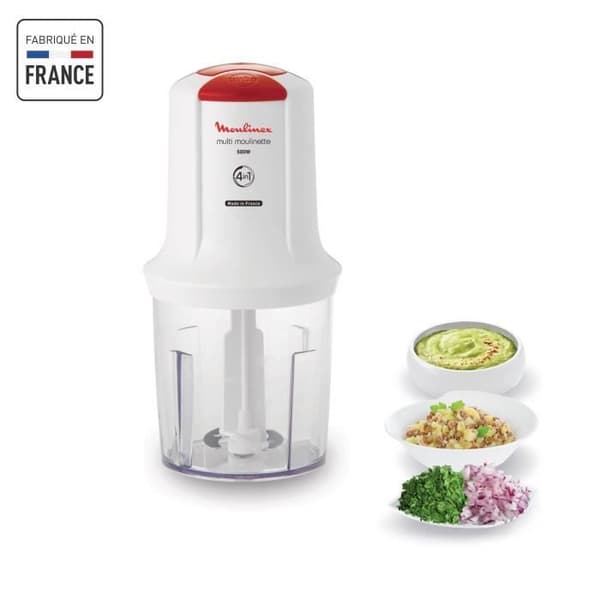 MOULINEX Multi-Moulinette Minihackare, 500 W, 2 hastigheter, Tillbehör för emulgering, Mixer, Tillverkad i Frankrike AT710110 Röd, Transparent, Vit