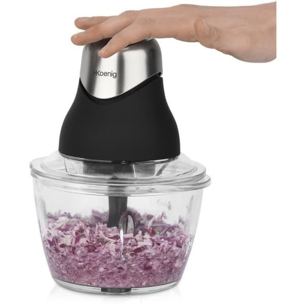 Mini elektrisk hackare - H.Koenig - LEO8 - 320 W - 1 L glasskål - Rostfria blad - Matt svart och krom