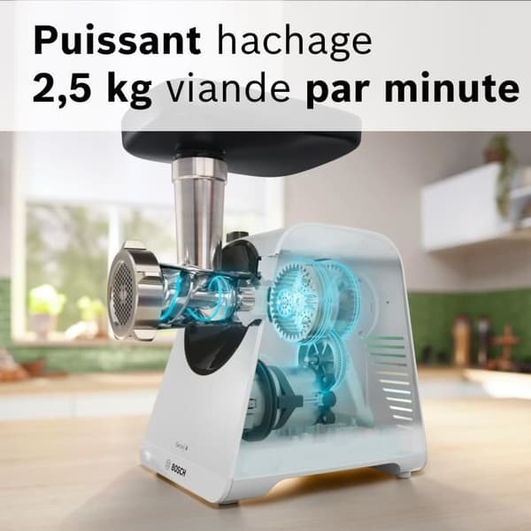 Köttkvarn - BOSCH - MFWS420W Serie 4 - Vit - 500 W - blockerad motor 1900 W - 2,5 kg/min - 2 hastigheter - 2 malgaller
