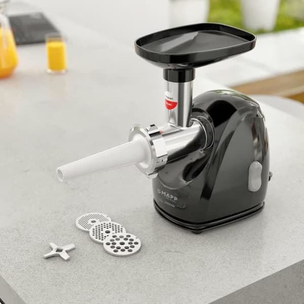 Elektrisk köttkvarn SMAPP 489.8, 2000 W, svart, 3 perforerade skivor i rostfritt stål 2,7 mm, 4 mm, 8 mm, korvtilbehör