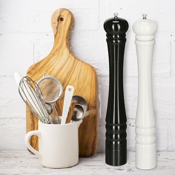 Relaxdays Salt- och pepparkvarn, set med 2, 40 cm, manuell träkvarn, kvarn med keramisk kross, svart/vit