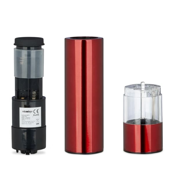 Relaxdays Electric Salt, Peppar, Kryddkvarn, Salt Shaker, Rostfri Pepper Shaker, Keramisk slipskiva, Set med 2 LED-batteridriven, Röd