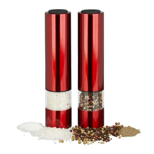 Relaxdays Electric Salt, Peppar, Kryddkvarn, Salt Shaker, Rostfri Pepper Shaker, Keramisk slipskiva, Set med 2 LED-batteridriven, Röd