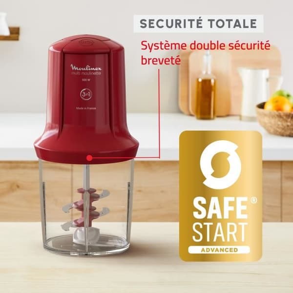MOULINEX Multimoulinette Mini elektrisk hackare, 500 ml, 6 blad i rostfritt stål, 2 hastigheter, Blender, Tillverkad i Frankrike AT714G32