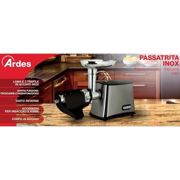 Ardes ar7460 Tomatpress och köttkvarn i rostfritt stål, motor med återvändningsfunktion, med tillbehör för zick sås