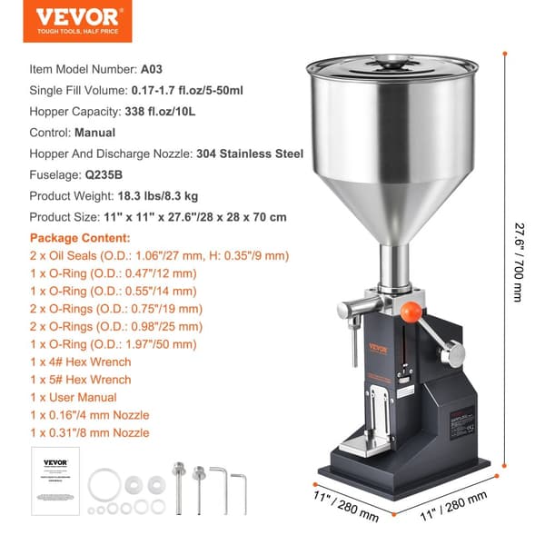 Vevor Manuel Flydende Fyldemaskine, Justerbar Hylde, 304 Rustfrit Stål Dyse,5-50 ml