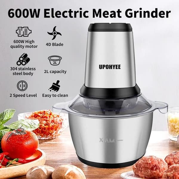 UPOHYEE Elektrisk köttkvarn 600 W med 4 knivar och skål i rostfritt stål 2L HY006