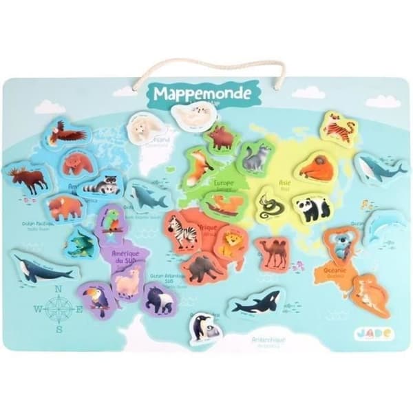 Magnetisk kontinentbræt - Pædagogisk spil - JADE - 30 dyrebrikker - FSC træ - 40x30 cm - Fra 3 år