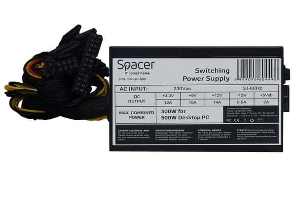 SURSA SPACER 500, 300W for 500 Desktop PC, PFC pasiv, fan 120mm, 1x PCI-E (6), 4x S-ATA, 1x P8 (4+4), retail box, "SP-GP-500",  (timbru verde 0.8 lei) Sort